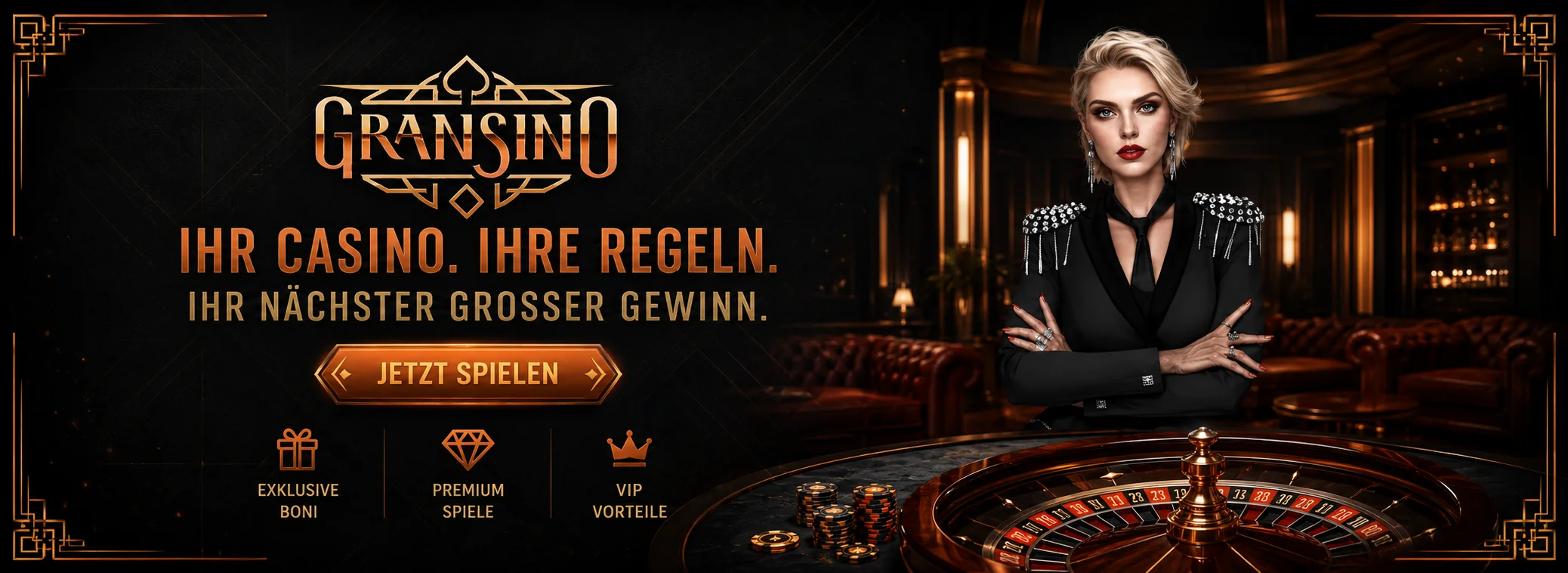 Gransino Casino — dunkle Luxus-Lounge mit 350% Willkommensbonus bis €16.000